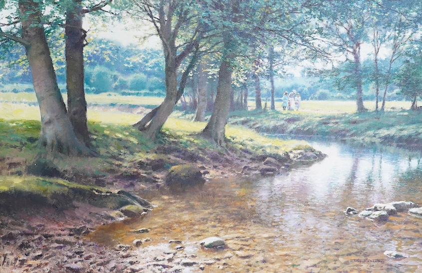 Tony Sheath (b.1946), oil on canvas, Landscape with stream before figures, signed, 50 x 75cm. Condition - good, some losses to the frame